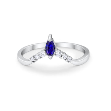 Art Deco Wedding Ring Chevron Midi Band Marquise Simulated Blue Sapphire CZ 925 Sterling Silver